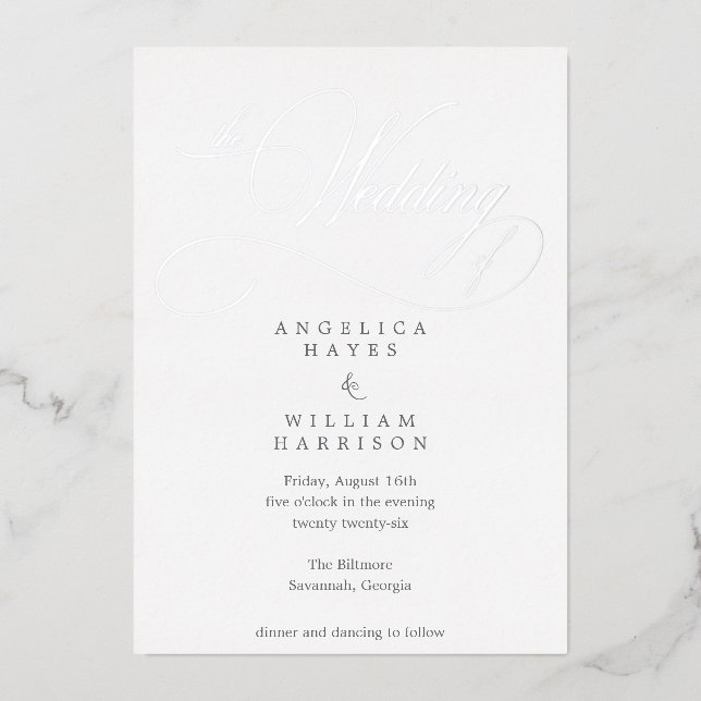 ELEGANT SILVER SCRIPT WEDDING INVITATION | MINIMAL FOIL INVITATION (Front)
