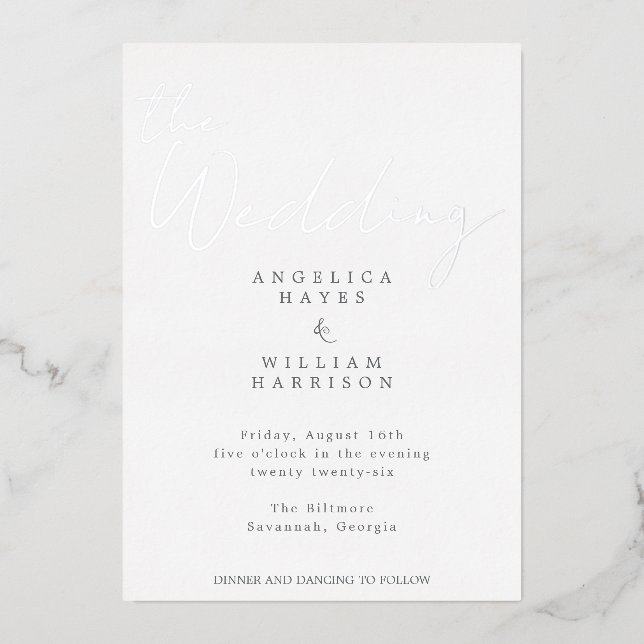 ELEGANT SILVER SCRIPT WEDDING INVITATION | MINIMAL FOIL INVITATION (Front)