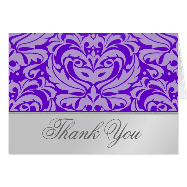 Elegant Silver Scroll Purple Damask Thank You Card