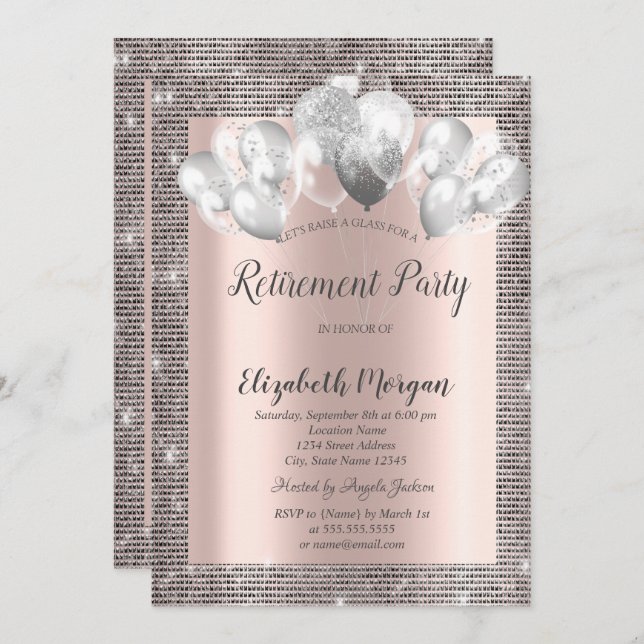 Elegant Silver Sequins Frame Rose Gold Retirement  Invitation (Front/Back)
