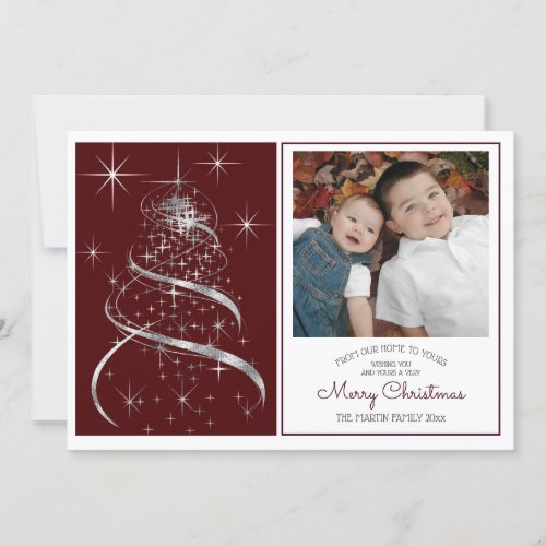 Elegant Silver Shimmer Christmas Photo Greeting Holiday Card - Lovely photo-template greeting card featuring a pretty, silvery swirly Christmas tree.