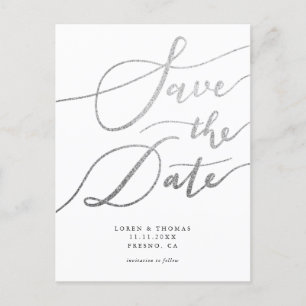 Elegant Silver Simple Script Wedding Save The Date Announcement Postcard