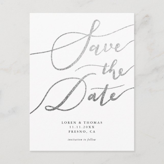 Elegant Silver Simple Script Wedding Save The Date Announcement Postcard (Front)