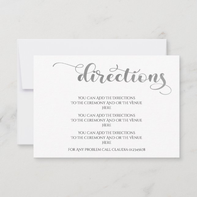 Elegant Silver Simple Wedding Directions Note Card (Front)