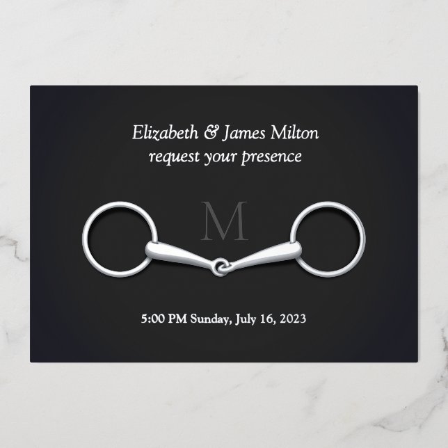 Elegant Silver Snaffle Bit Equestrian Monogrammed  Foil Invitation (Front)