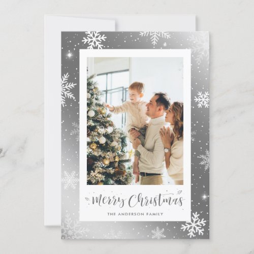 Elegant Silver Snowflake One Photo Christmas Cards