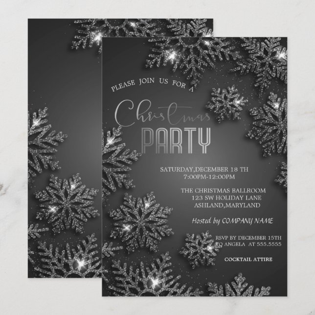 Elegant Silver Snowflakes Christmas Company Invitation (Front/Back)