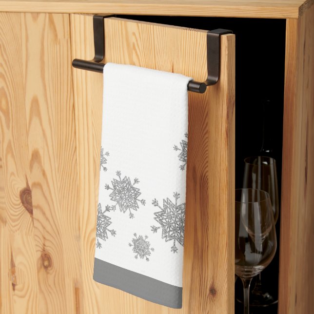 Elegant Silver Snowflakes Christmas Kitchen Towel (Thirds Fold)