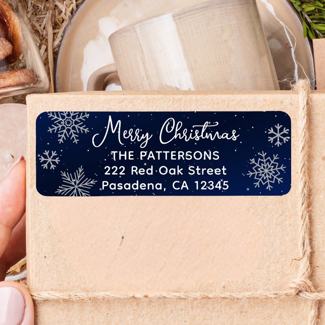 Elegant Silver Snowflakes on Night Blue Christmas Label (Snowflakes add a touch of sparkle, creating an elegant label for your Christmas envelopes or package)