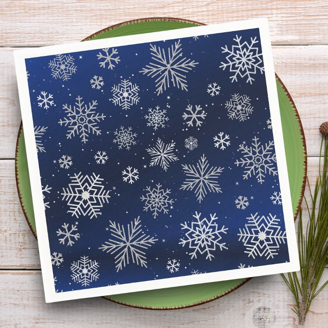 Elegant Silver Snowflakes on Night Blue Christmas Napkins (Elevate your holiday gatherings with these delicate silver snowflakes on midnight blue napkins.)