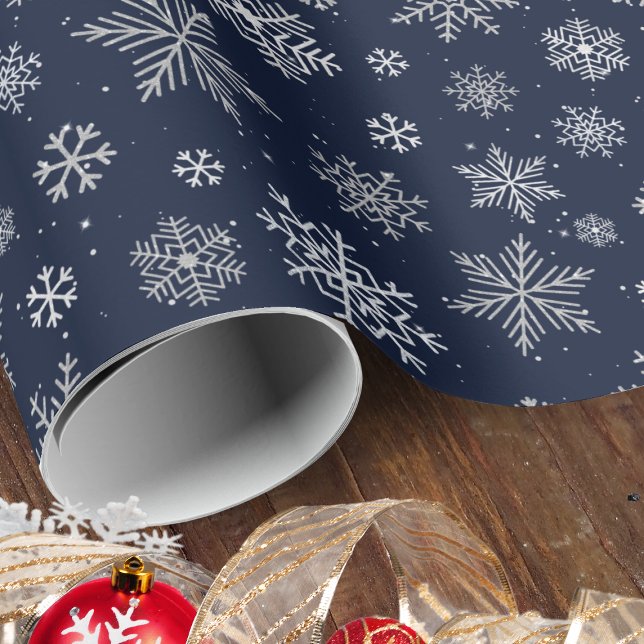 Elegant Silver Snowflakes on Night Blue Christmas Wrapping Paper (Wrap the magic of the season with our elegant dark blue paper and shimmering silver snowflakes.)