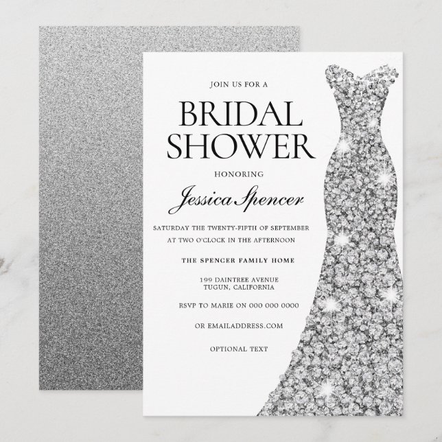 Elegant Silver Sparkle Dress Bridal Shower Invite (Front/Back)