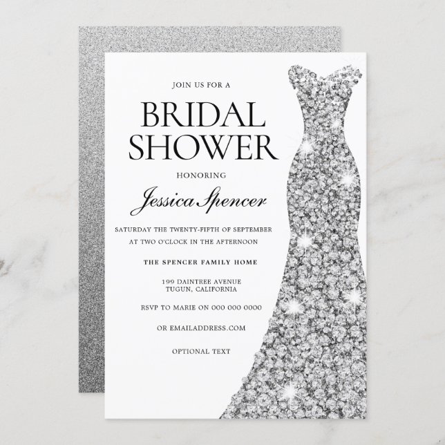 Elegant Silver Sparkle Dress Bridal Shower Invite (Front/Back)