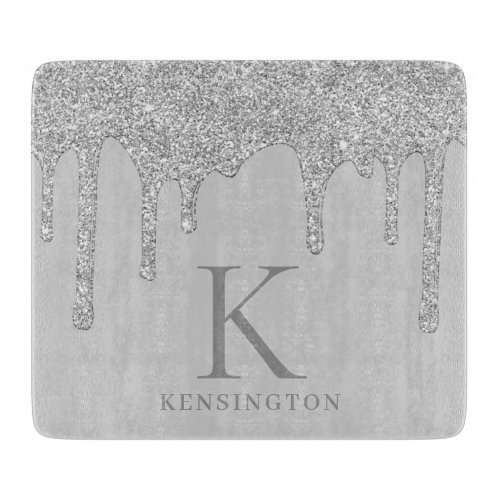 Elegant Silver Sparkle Glitter Drips Monogram Cutting Board