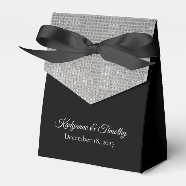 Elegant Silver Sparkle Snowflake on Black Wedding Favor Boxes (Front Side)