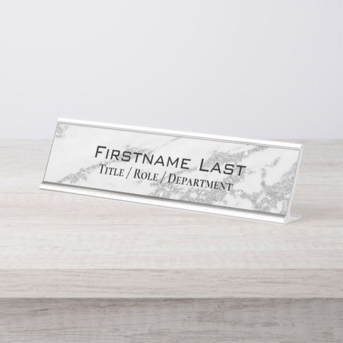 Elegant Silver Sparkle White Marble Custom Door or Desk Name Plate
