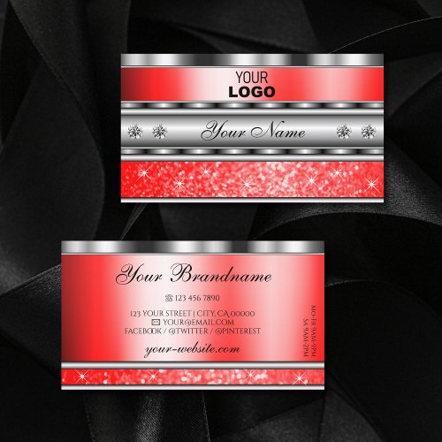 Elegant Silver Sparkling Ruby Red Glitter Add Logo Business Card