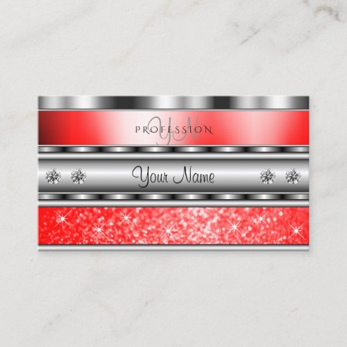 Elegant Silver Sparkling Ruby Red Glitter Monogram Business Card