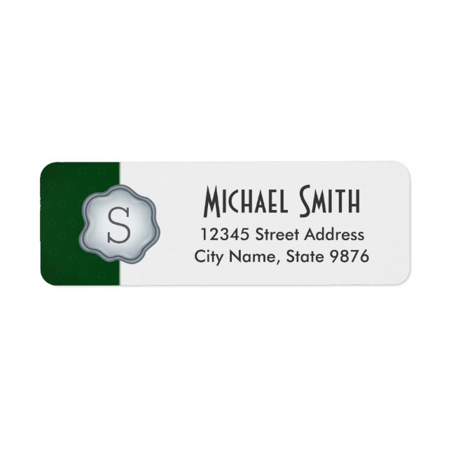 Elegant Silver Stamp Monogram on Forest Green Label (Front)