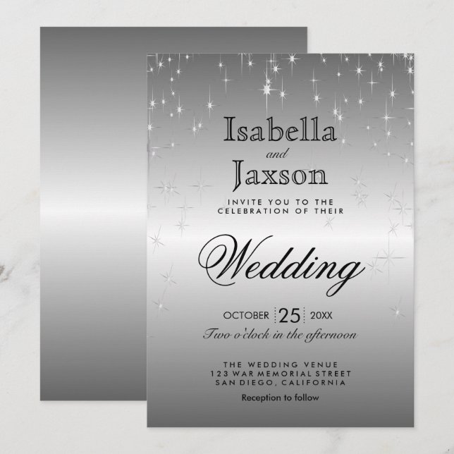Elegant Silver Star Lights Wedding Invitation (Front/Back)