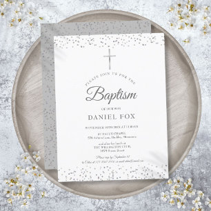 Elegant Silver Stardust Baptism Christening Invitation Postcard