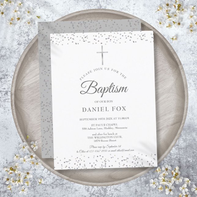 Elegant Silver Stardust Baptism Christening Invitation Postcard (Elegant Silver Stardust Baptism Christening Invitation Postcard)
