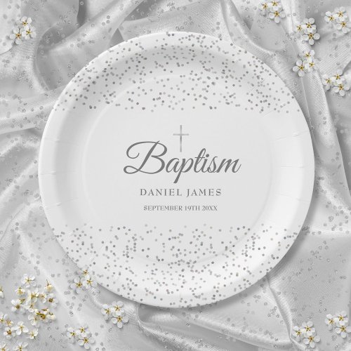 Elegant Silver Stardust Baptism Christening Paper Plates