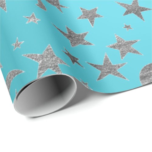 Elegant Silver Stars Moon Turquoise Aquamarine Wrapping Paper