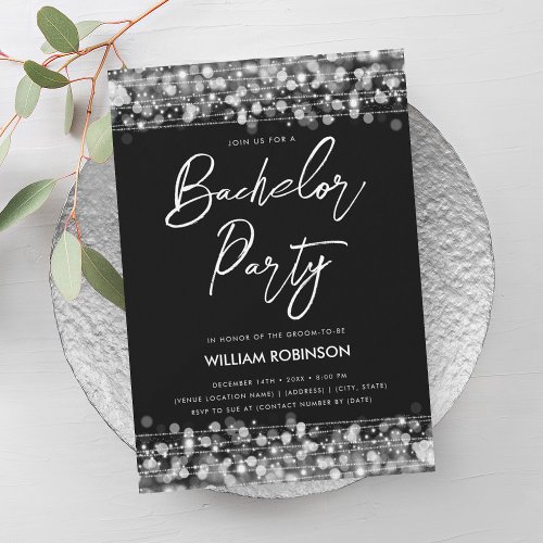 Elegant Silver String Lights Bachelor Party  Invitation