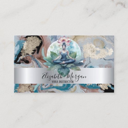 Elegant  Silver Stripe Lotus Girl Marble  Business Card