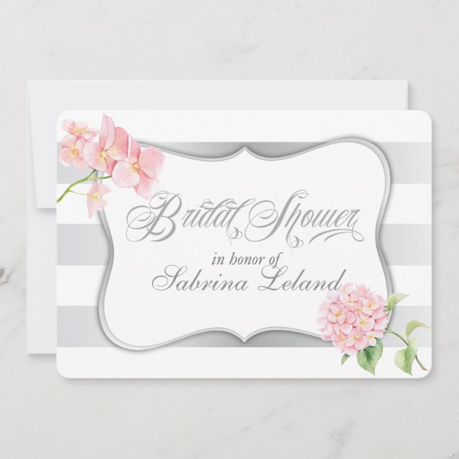 Elegant Silver Stripes Floral Bridal Shower Invitation (Front)