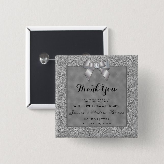 Elegant Silver & Stylish Glitter Wedding Favor Button (Front & Back)