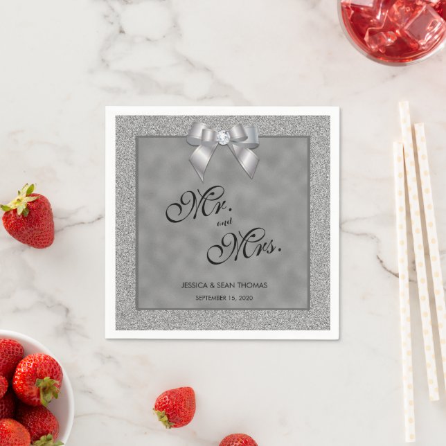 Elegant Silver & Stylish Glitter Wedding Napkins (Insitu)