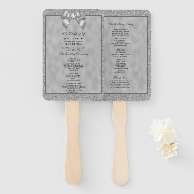 Elegant Silver & Stylish Glitter Wedding Program Hand Fan (Front and Back)