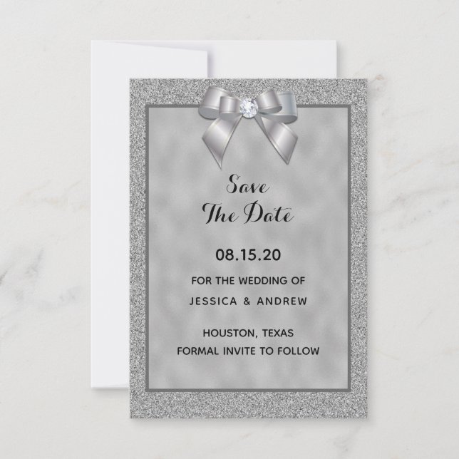 Elegant Silver & Stylish Glitter Wedding Save The Date (Front)
