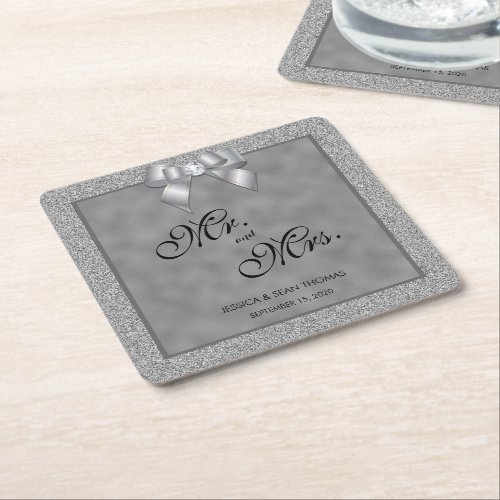 Elegant Silver  Stylish Glitter Wedding Square Paper Coaster