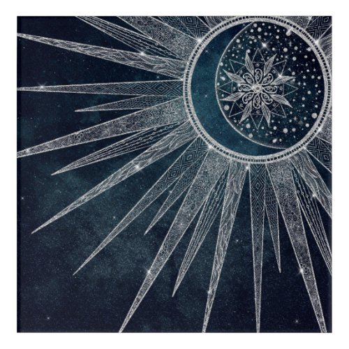 Elegant Silver Sun Moon Doodle Mandala Blue Design Acrylic Print