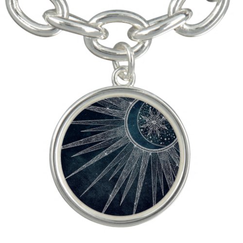Elegant Silver Sun Moon Doodle Mandala Blue Design Bracelet