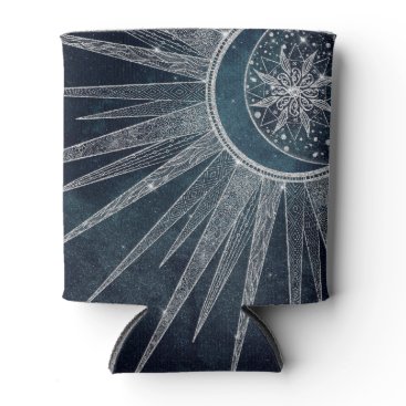 Elegant Silver Sun Moon Doodle Mandala Blue Design Can Cooler
