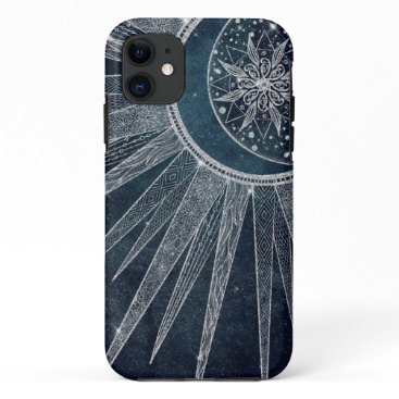 Elegant Silver Sun Moon Doodle Mandala Blue Design iPhone 11 Case