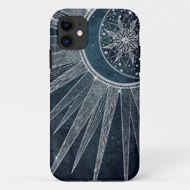 Elegant Silver Sun Moon Doodle Mandala Blue Design Case-Mate iPhone Case (Back)