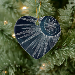 Elegant Silver Sun Moon Doodle Mandala Blue Design Ceramic Ornament