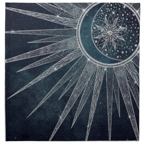 Elegant Silver Sun Moon Doodle Mandala Blue Design Cloth Napkin