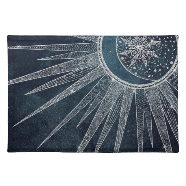 Elegant Silver Sun Moon Doodle Mandala Blue Design Cloth Placemat (Front)