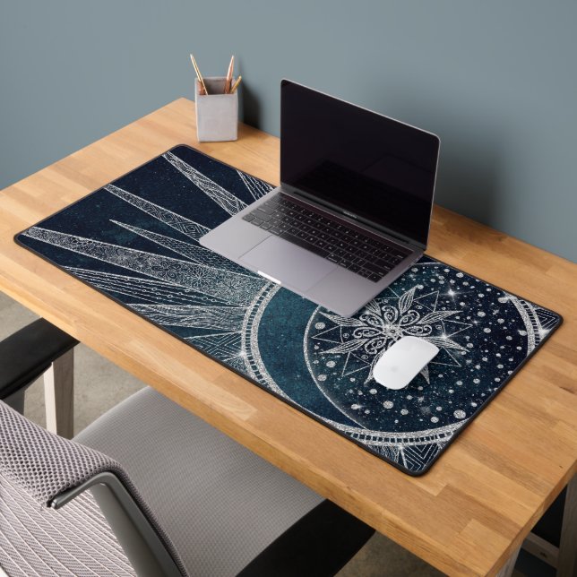 Elegant Silver Sun Moon Doodle Mandala Blue Design Desk Mat (Office 2)