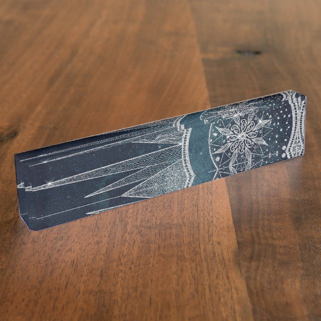 Elegant Silver Sun Moon Doodle Mandala Blue Design Desk Name Plate (Side)