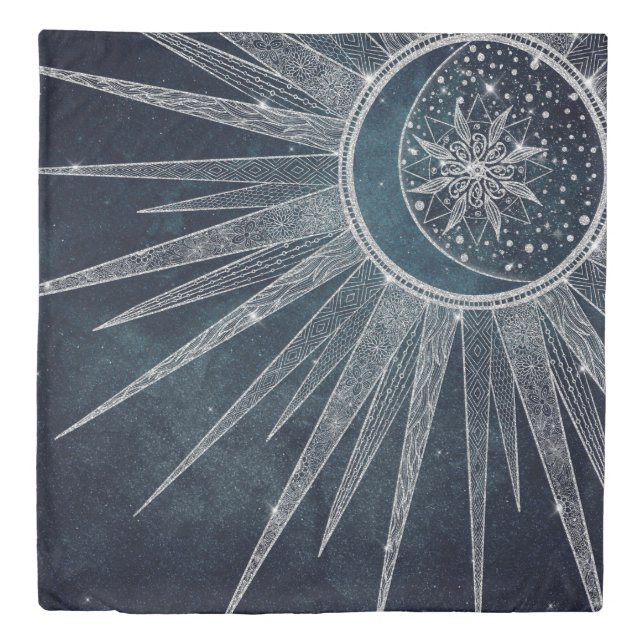 Elegant Silver Sun Moon Doodle Mandala Blue Design Duvet Cover (Front)
