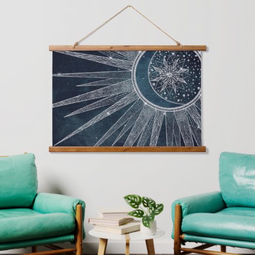 Elegant Silver Sun Moon Doodle Mandala Blue Design Hanging Tapestry