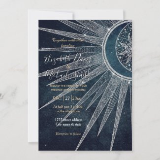 Elegant Silver Sun Moon Doodle Mandala Blue Design Invitation