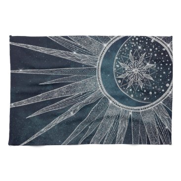 Elegant Silver Sun Moon Doodle Mandala Blue Design Kitchen Towel
